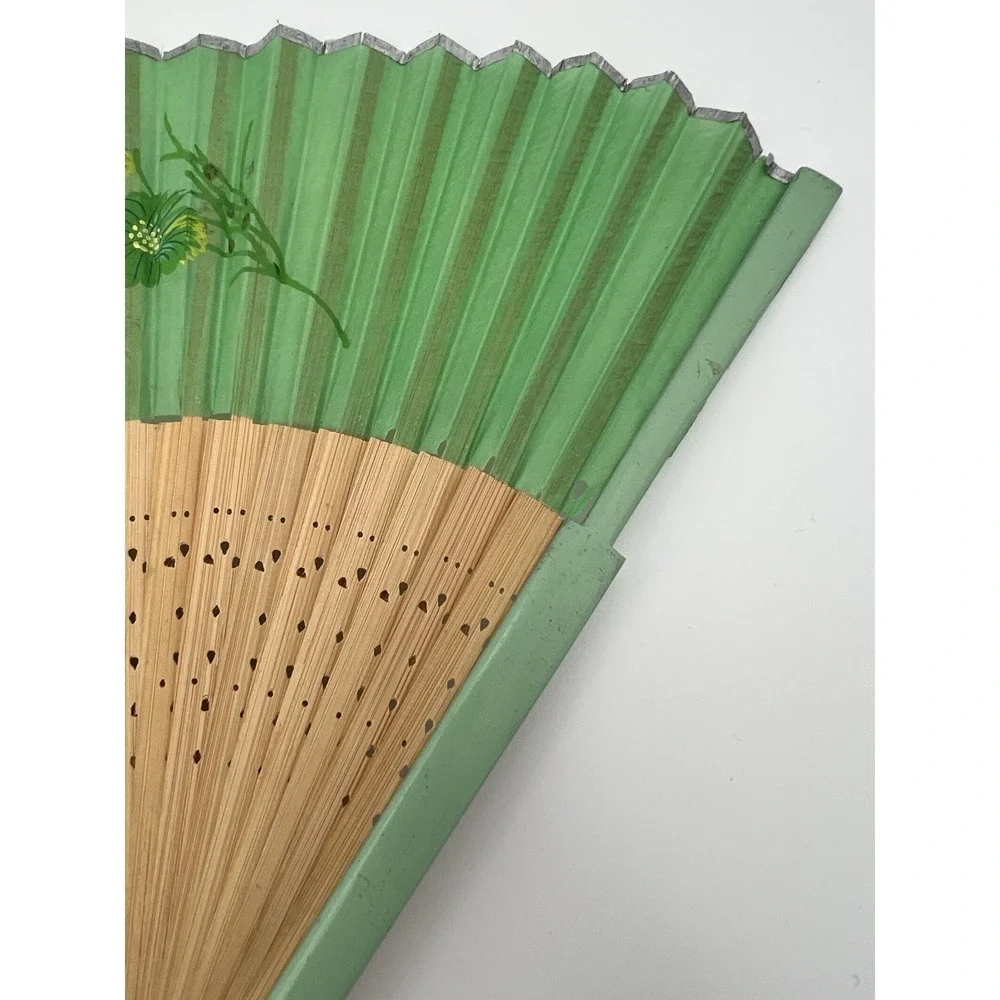 Vintage / Antique Paper & Wood Hand Floral Fan Green